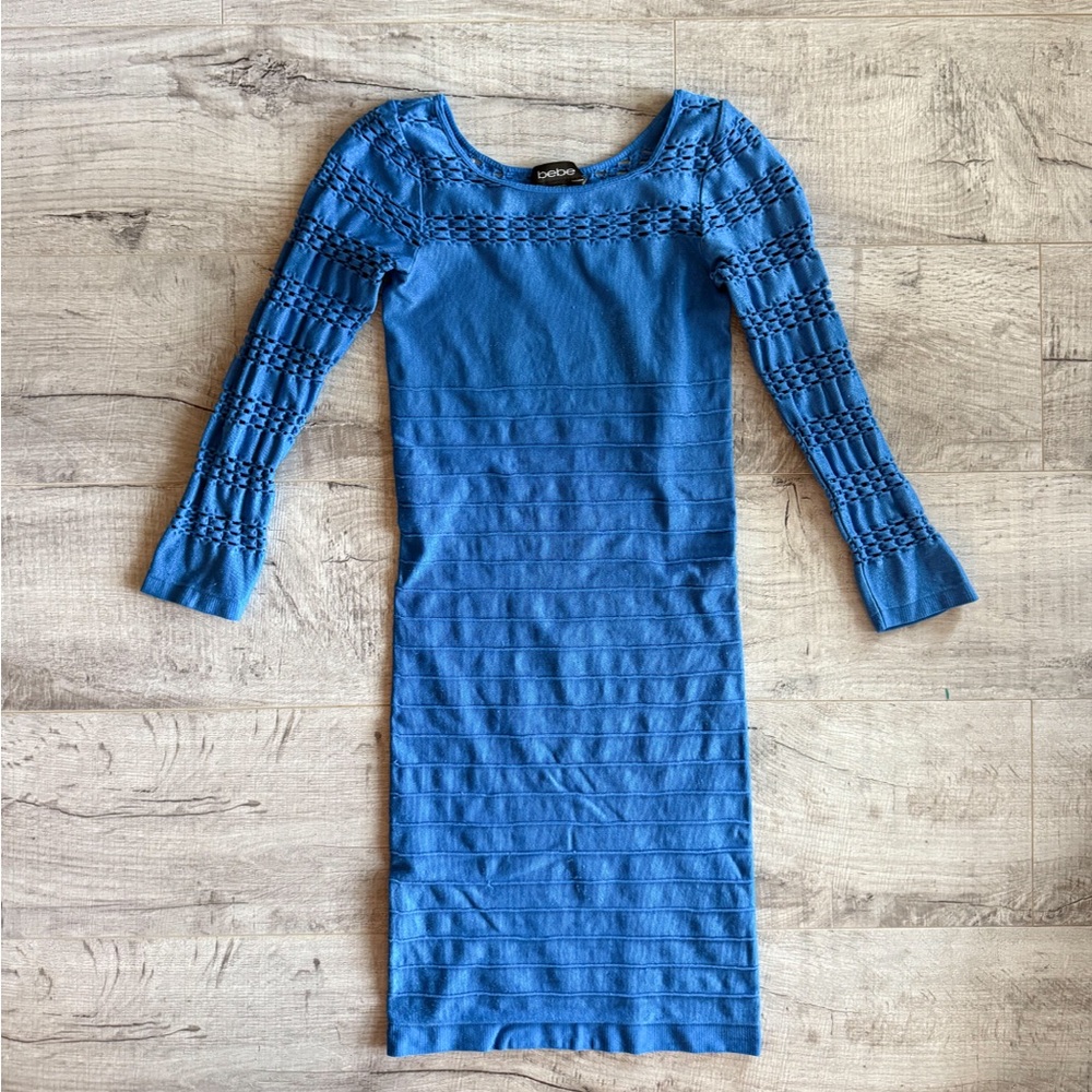 Y2K Bebe Blue Long Sleeve Knit Bandage Dress